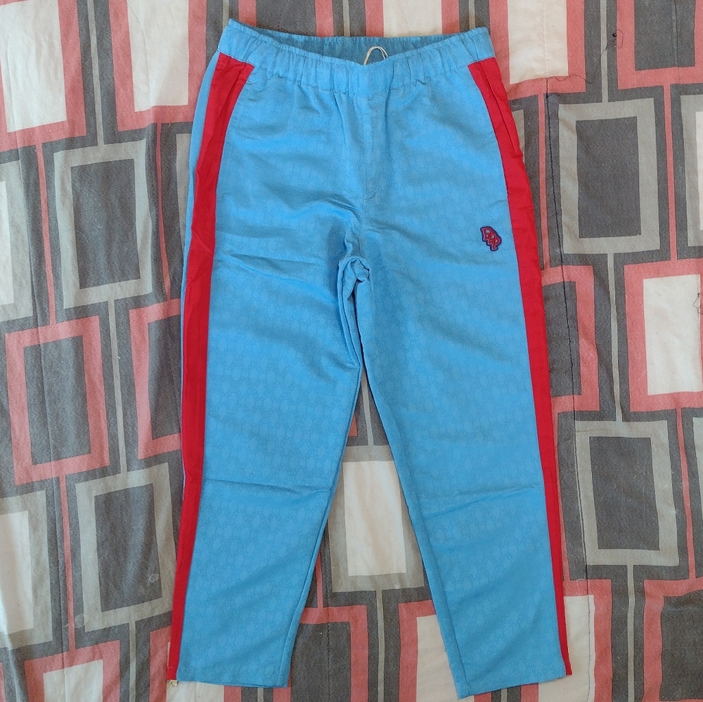 Puma X Dapper Dan monogram track pants light blue red men's size LARGE